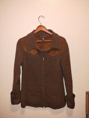 Banana Republic Brown Ribbed Zip Cardigan with Suede Yoke